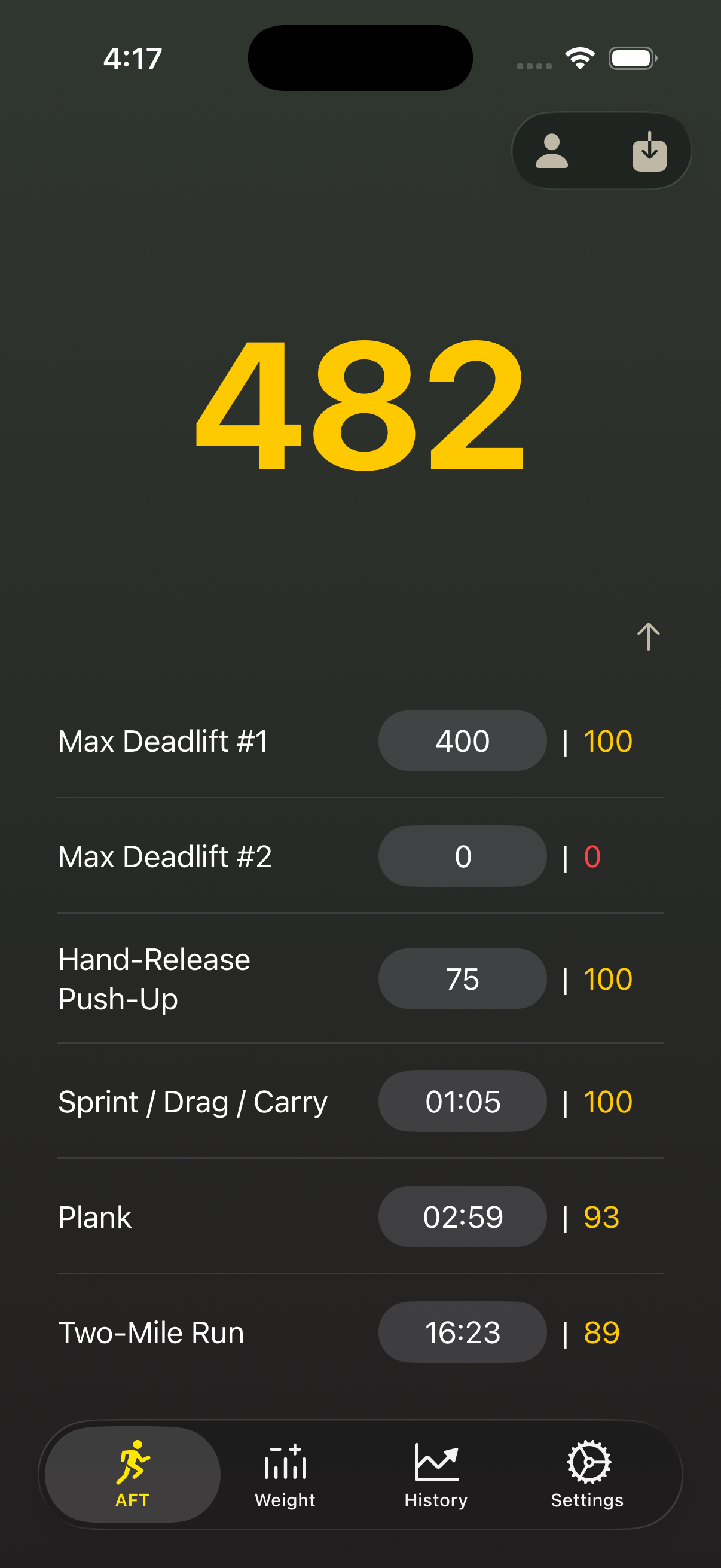 ArmyFitnessPro AFT calculator screen